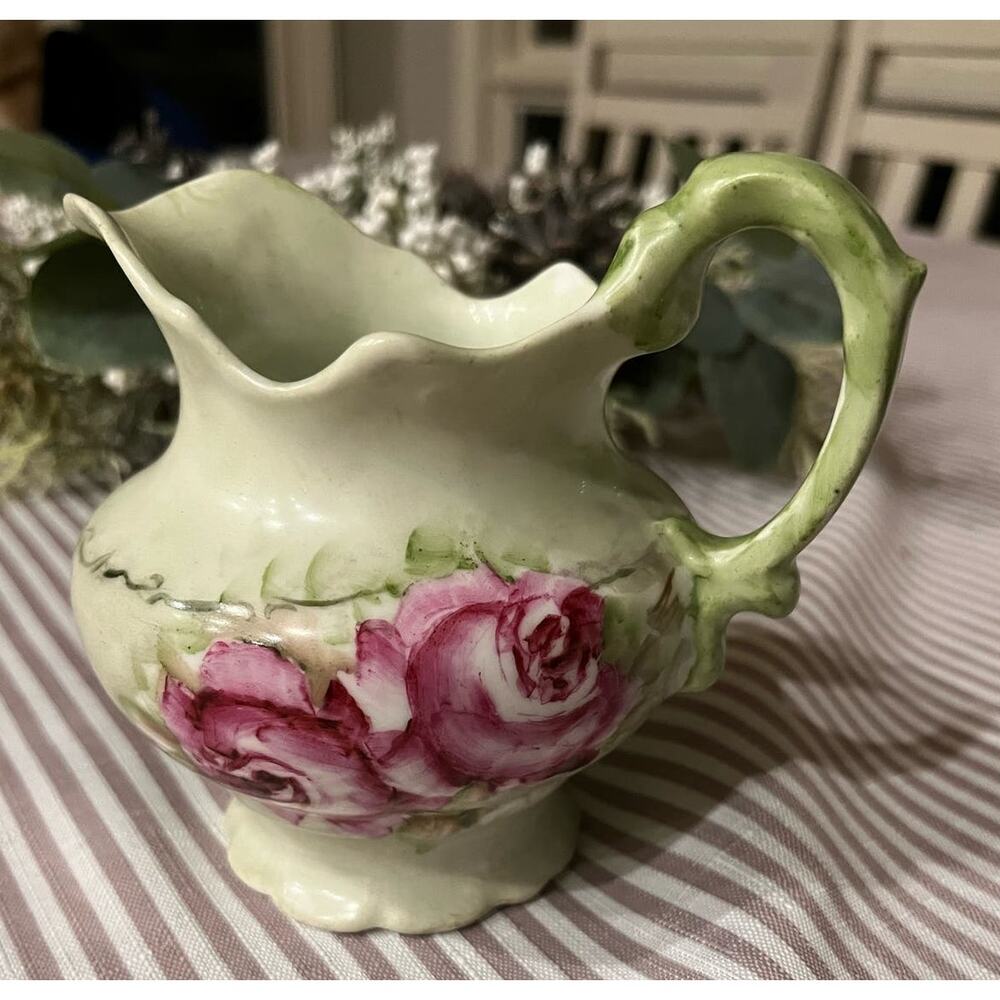 Vintage Bassett Limoges Austria porcelain creamer, pink/green floral pattern